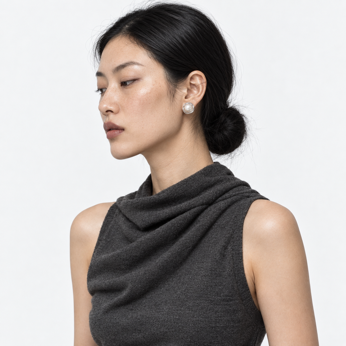 Soft Pearl Button Studs — model wearing view 3