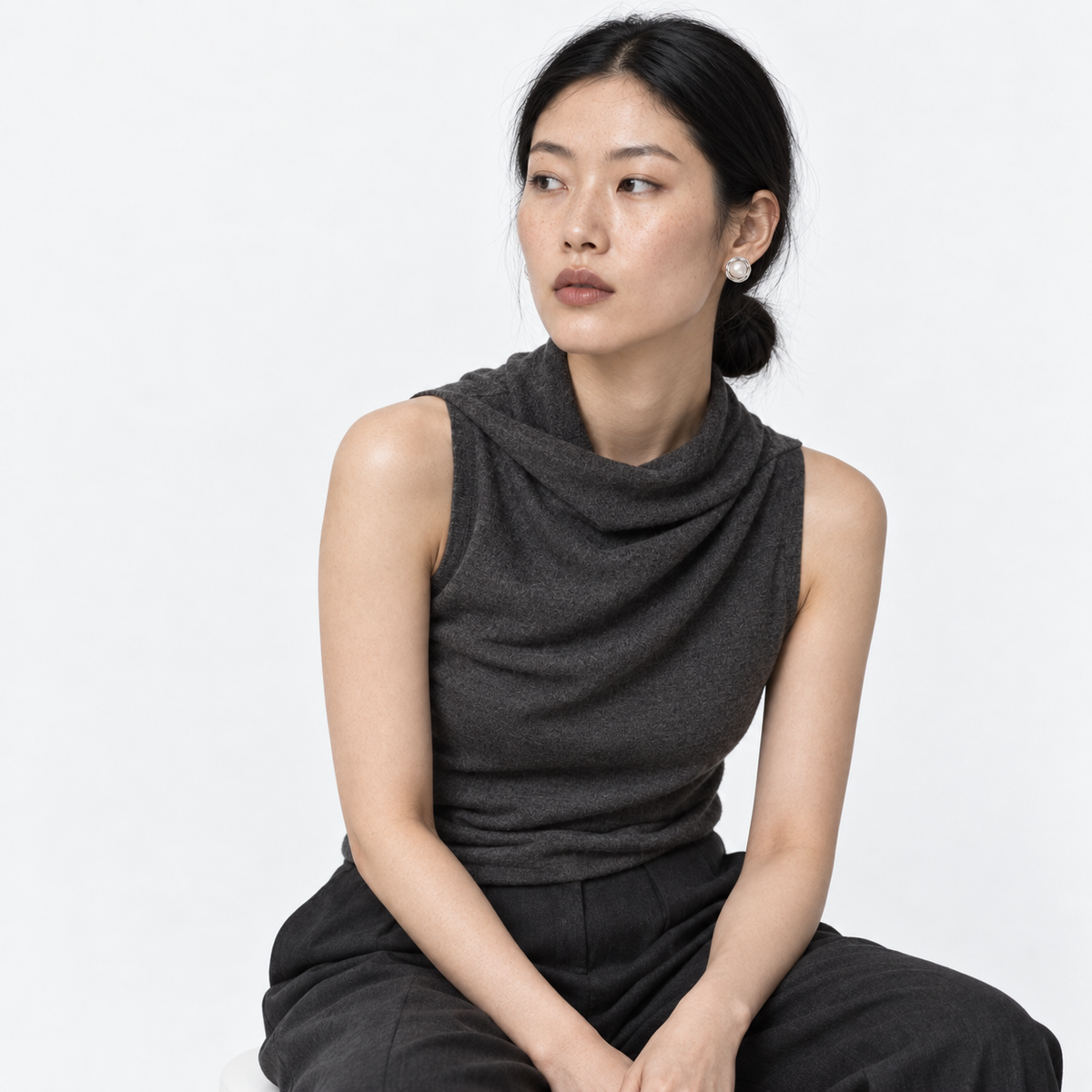 Soft Pearl Button Studs — model wearing view 4