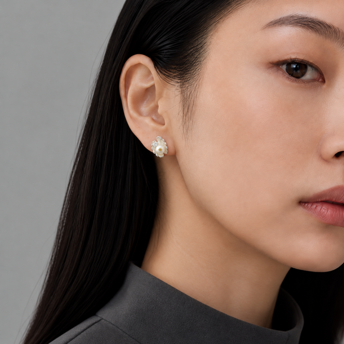 Shell Pearl & Zircon Drop Earrings — corrected model wearing view 1