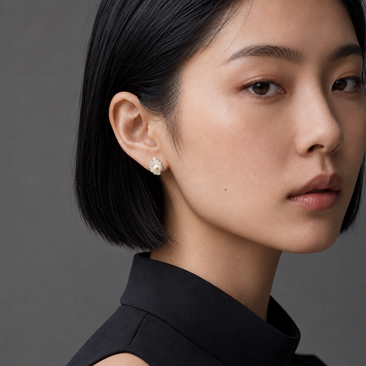 Shell Pearl & Zircon Drop Earrings — corrected model wearing view 2
