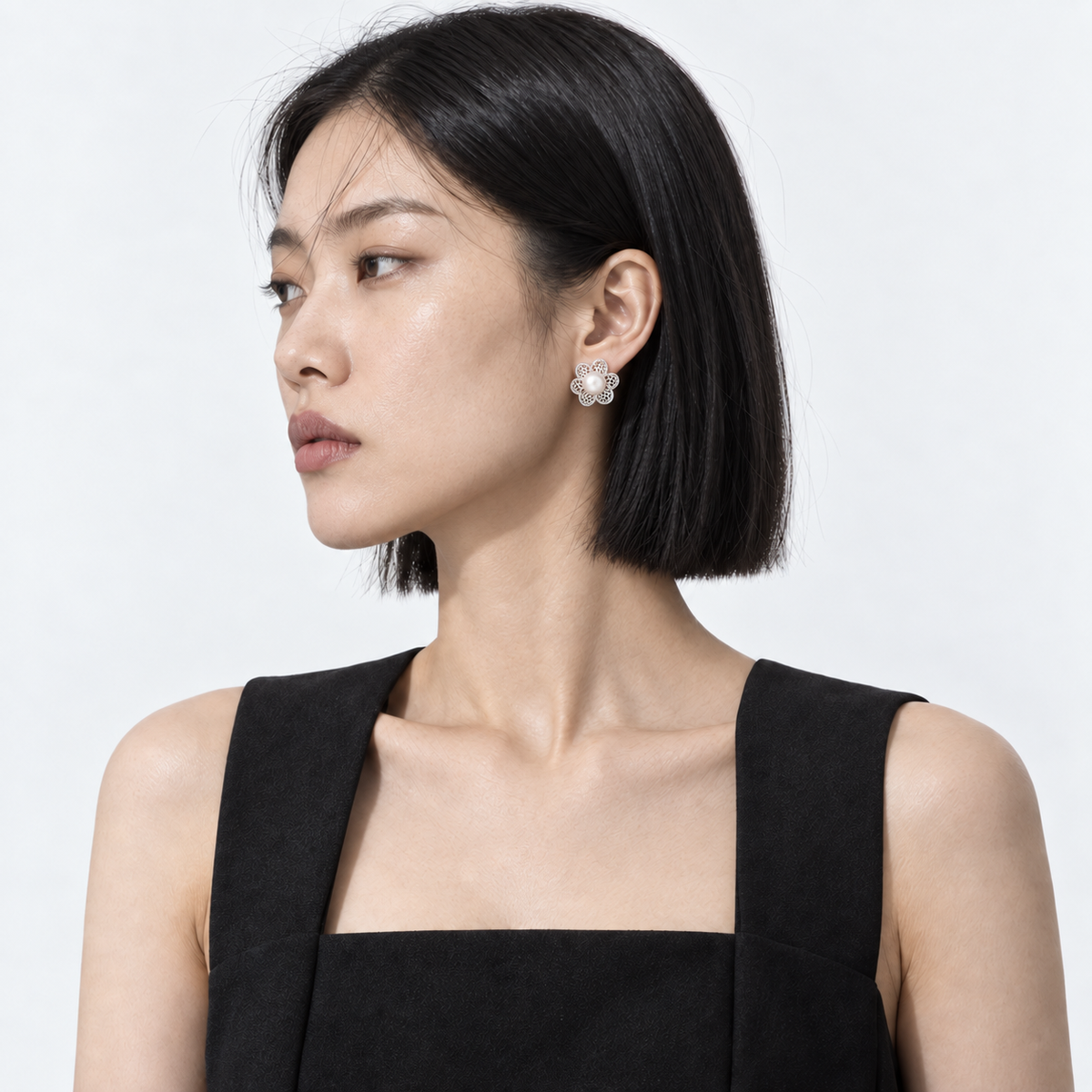 Silver Mist Flower Studs — corrected model wearing view 2