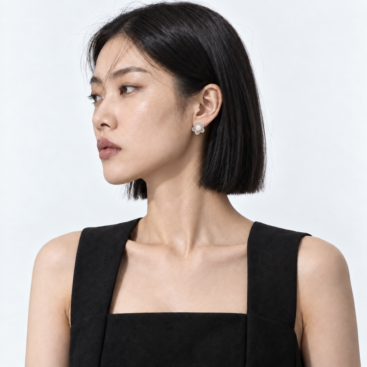 Silver Mist Flower Studs — refined model wearing view 2