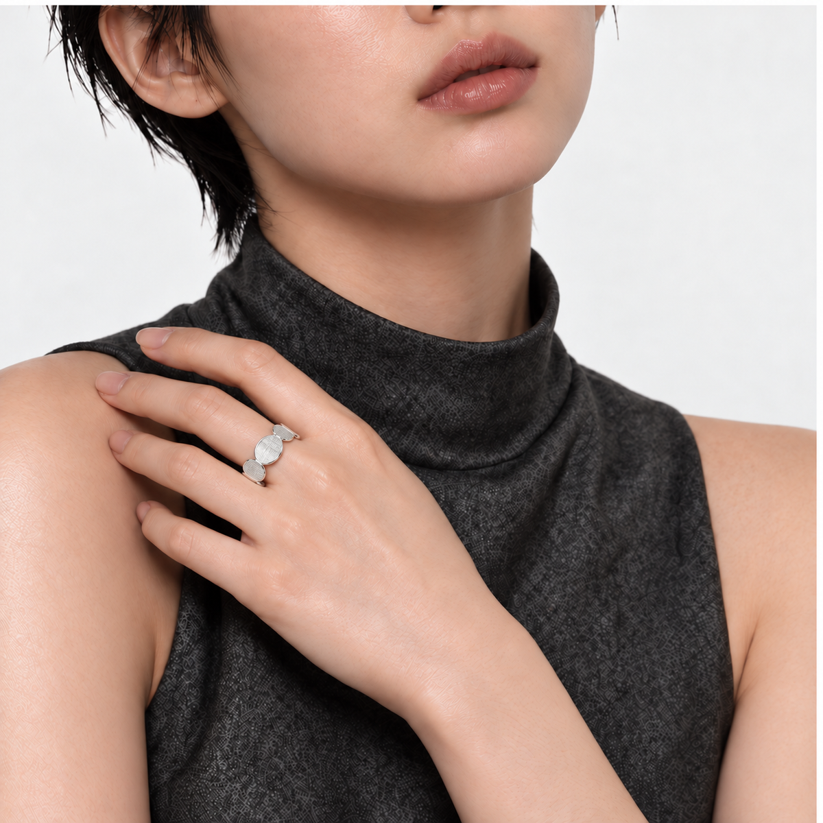 Still Point Ring — corrected model wearing view 4