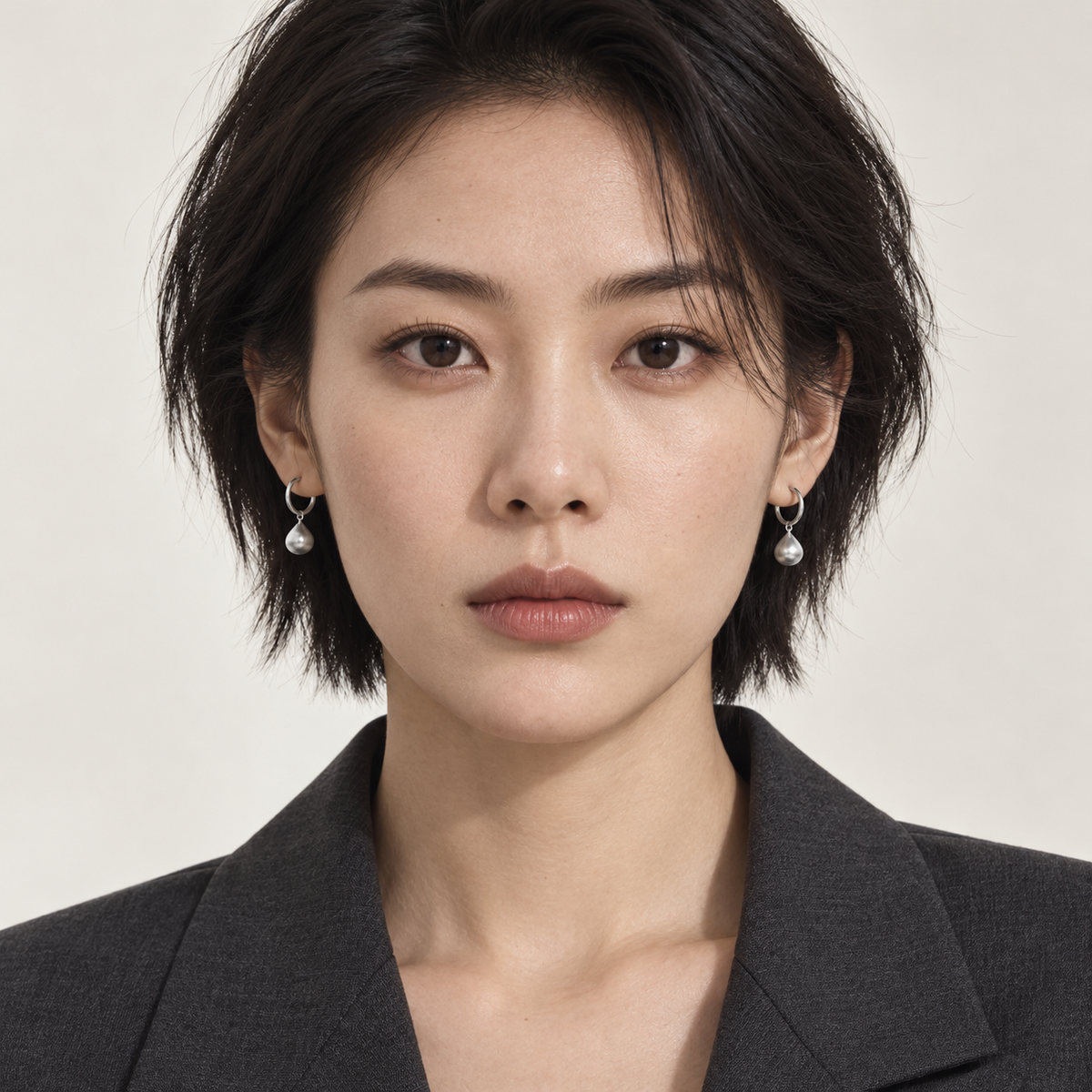 Whisper Earrings worn in a front-facing editorial portrait